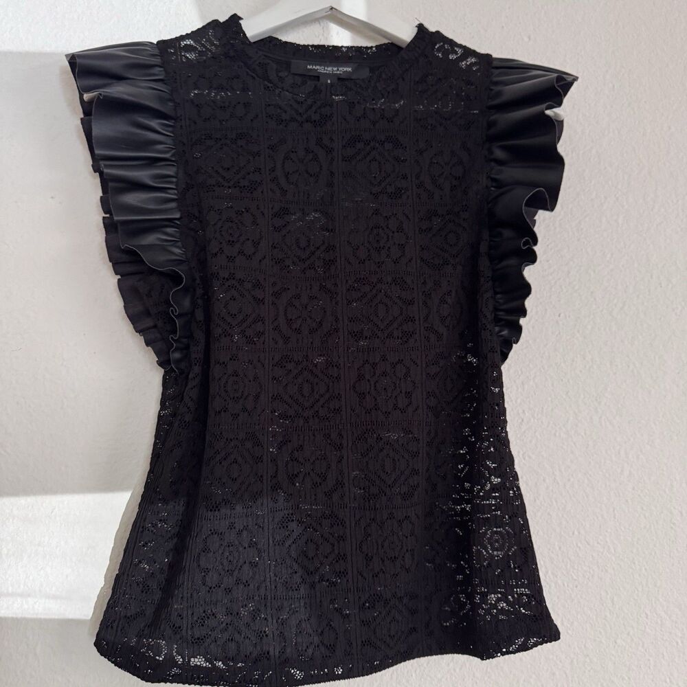 NWT Marc NY Black Lace Top Women Sz S Stretch Faux Leather Ruffle Whimsygoth